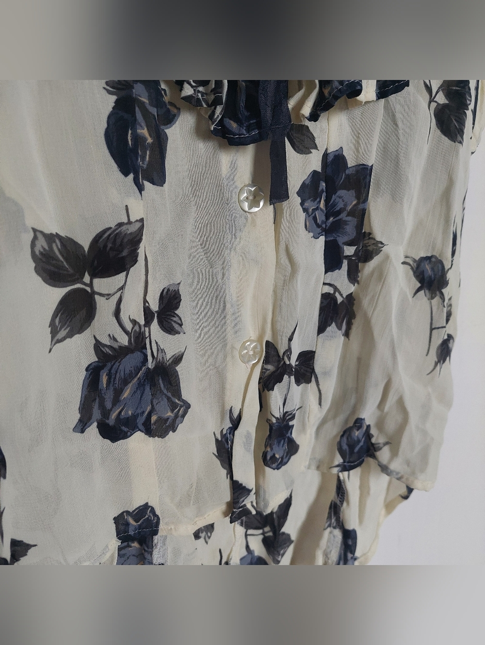 Floral Ruffle Tie-Neck Blouse - Cream with Navy Roses - Picture 3 of 6